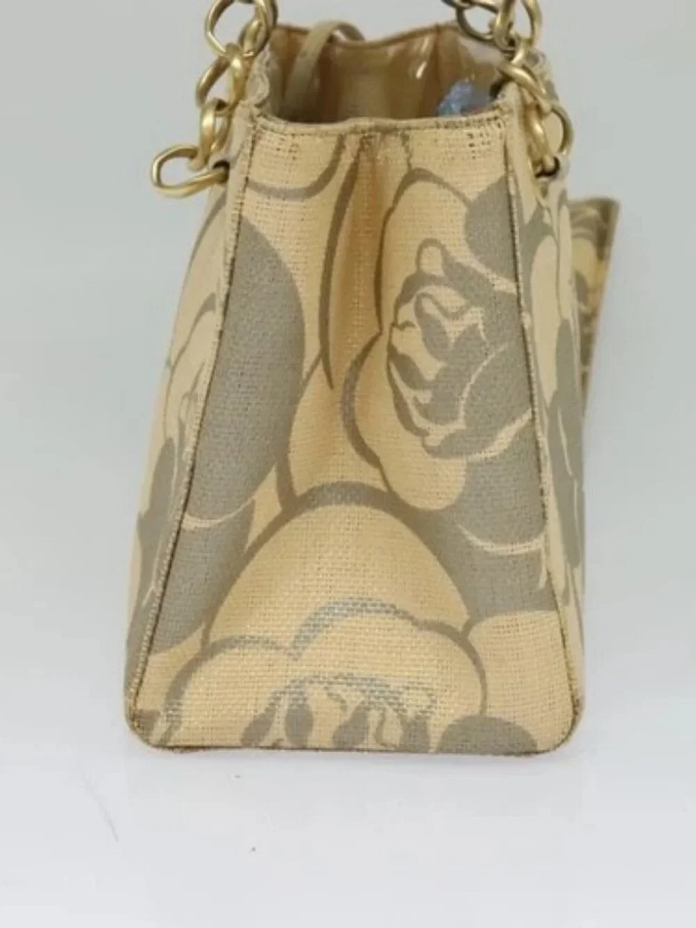 CHANEL Camelia Chain Tote Bag Straw Beige CC Auth 122907